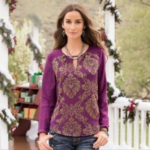 Sundance Renaissance Silk Embroidered‎ Top Size PL Metallic Gold Damask Print
